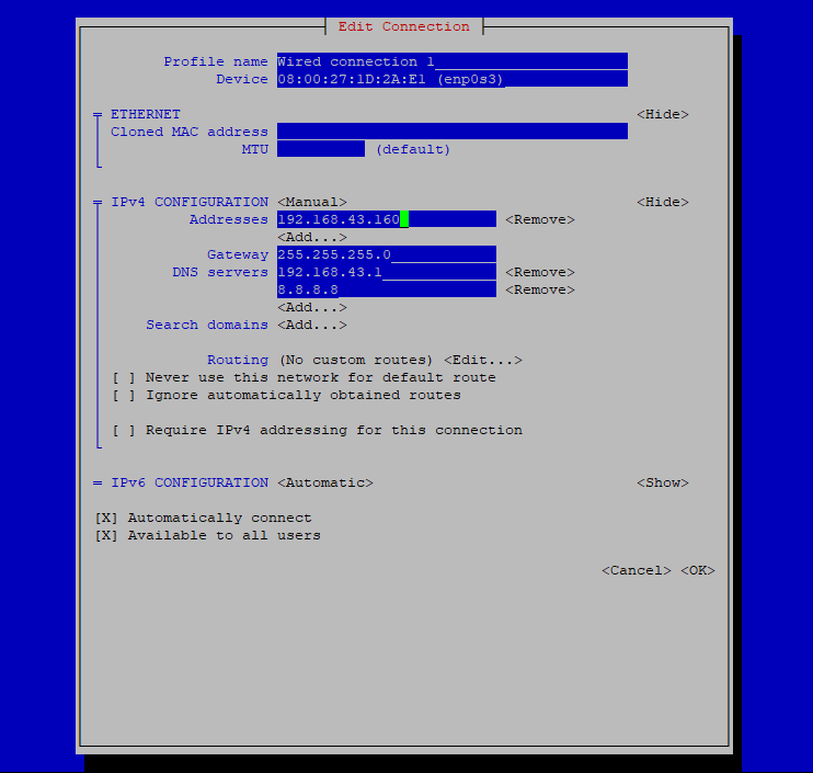 nmtui-4 static IP config