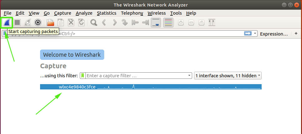 start capturing packets in wireshark