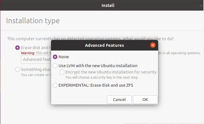 Installation choices Ubuntu 20.04