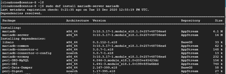 Install MariaDB server on CentOS 8