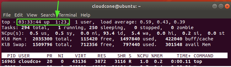 top command to display uptime