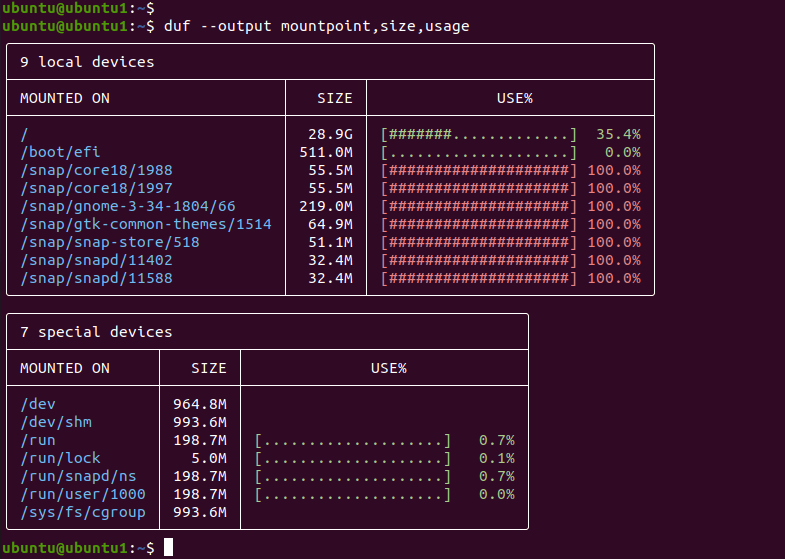 duf command filter columns